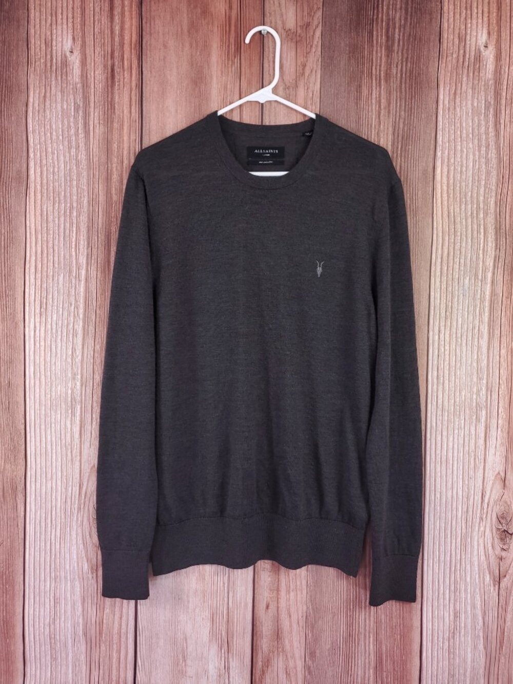 AllSaints Mens Large Mode Merino Crew Neck Sweater Charcoal Gray Wool Knit